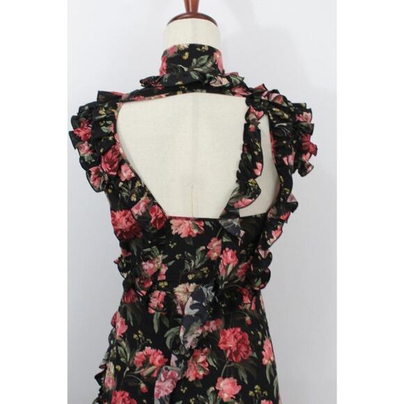 R13 LIBERTY OF LONDON Sz XS Black Pink Rose Floral Silk Dress Ruffle Slit - Picture 6 of 13
